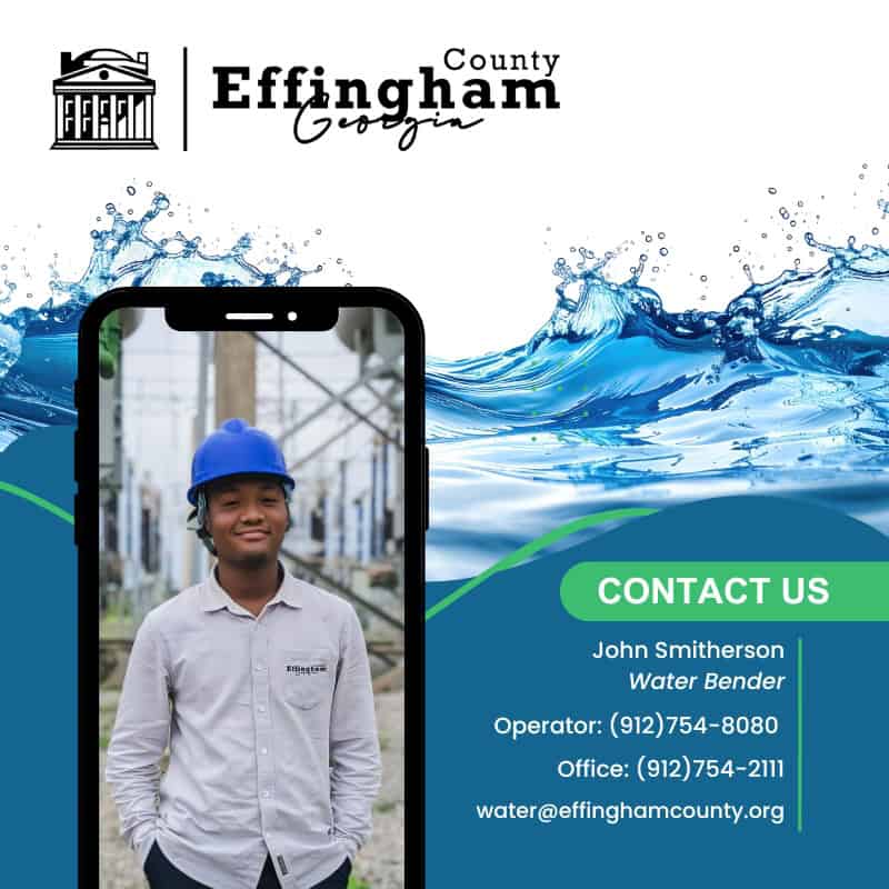 decorative banner showing a water tower and business card