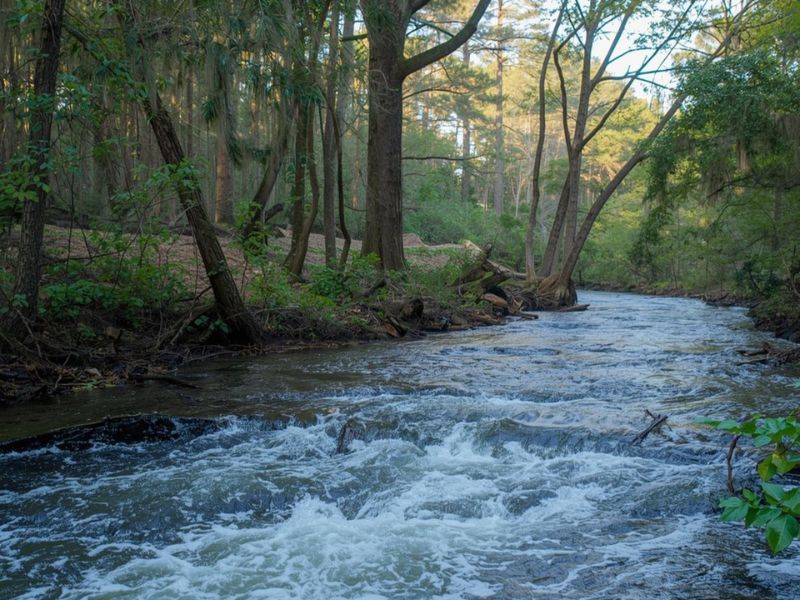 rushing water flowing through a forest